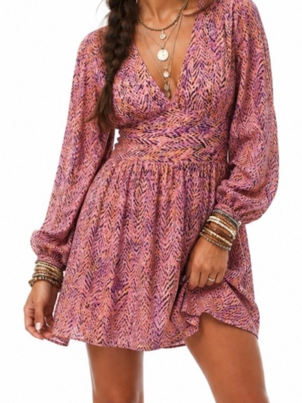 ZARA BOHEMIAN ANIMAL PRINT LONG SLEEVED MINI DRESS SZ XS
